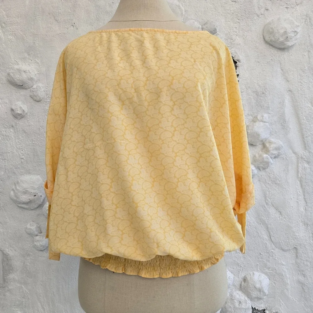 Michael Kors Yellow Paisley Blouson Top Boat Neck Grommet Tie Sleeve Blouse